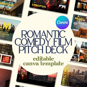 May include: A Canva template for a romantic comedy film pitch deck. The template includes slides for characters, synopsis, music, director statement, and more. The template is editable and can be used to create a professional pitch deck.