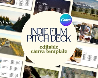 May include: A Canva template for an indie film pitch deck. The template features a variety of images related to film, including a road trip, a map, and a sunset. The text "Indie Film Pitch Deck" is displayed in a bold, blue font. The text "Editable Canva Template" is displayed in a green font.