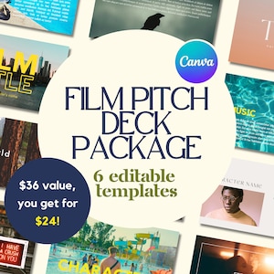 Può includere: Un pacchetto di pitch di film Canva con sei modelli modificabili. Il pacchetto è pubblicizzato come un valore di 36 € per 24 €. L'immagine mostra una varietà di diapositive con diversi sfondi e testi, tra cui "Titolo del film", "Musica", "Nome del personaggio" e "Il mondo".