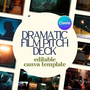 May include: A Canva template for a dramatic film pitch deck. The template features a variety of images, including a silhouette of a person, a tunnel, and a car. The text "Dramatic Film Pitch Deck" is displayed in large, bold letters.