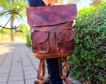 Handgemachter Marokkanischer Leder-Rucksack: Große Reisetasche im Vintage-Stil