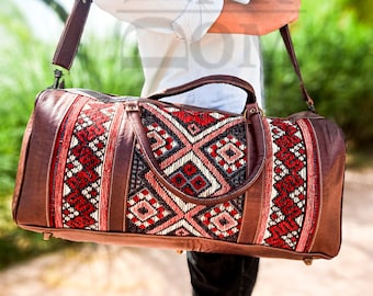 Moroccan Leather travel bag, weekender, duffel bag, with berber fabric : Vintage look Leather  Bag