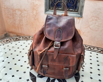 Handmade Moroccan Leather Backpack: Vintage Travel Rucksack