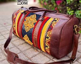 Handmade Boho Leather Duffle Bag: Berber Fabric Weekender