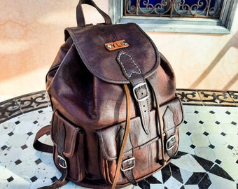 Personalized Moroccan Leather Backpack  Vintage look Leather  Bag