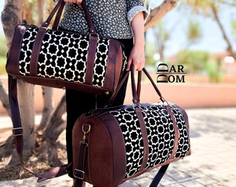 Handmade Leather Kilim Duffel Bag: Berber Fabric Travel Weekender
