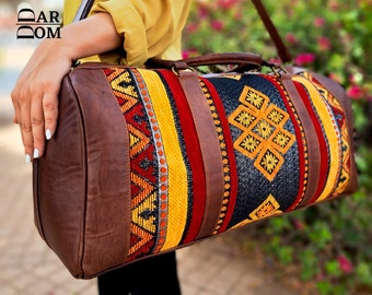 Leather Kilim  travel bag, Moroccan Leather travel bag, sport, weekender, duffle bag, with berber fabric.  For Women and Men :100% handmade