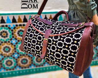 Moroccan Leather kilim travel bag, weekender, duffel bag