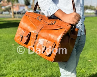 Handmade Full Grain Leather Weekender Bag: Berber Fabric Travel Duffel