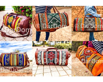 Leather Kilim  travel bags, Moroccan Leather travel bag, sport, weekender, duffle bag, with berber fabric.  For Women and Men :100% handmade