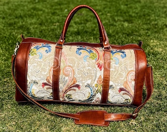 Handmade Moroccan leather and embroidered duffel bag – boho chic travel weekender bag