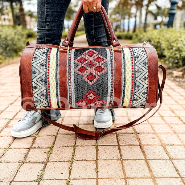 Leather Kilim  travel bag, Moroccan Leather travel bag, sport, weekender, duffle bag, with berber fabric.  For Women and Men :100% handmade