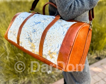 Leather Carpet Travel Bag, Moroccan Leather travel bag, sport, weekender, duffle bag, with berber fabric.  For Women :100% handmade