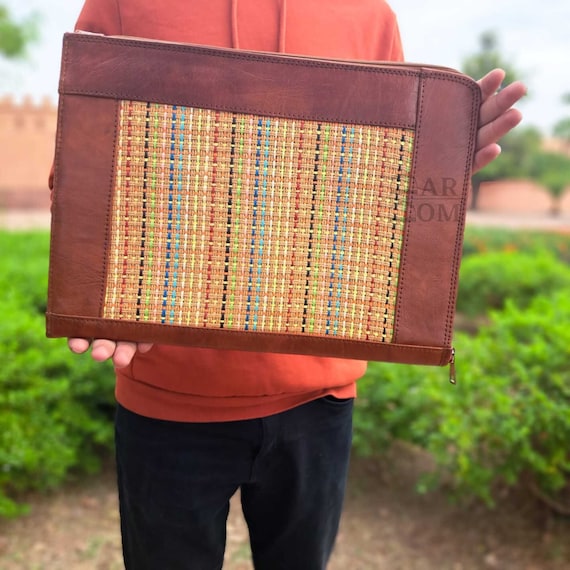 Moroccan Leather Laptop Bag with wicker motif