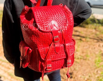 Braided Red Leather Backpack: Handmade Travel Daypack - Etsy