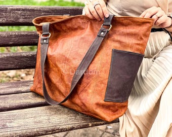 Vintage Leather Tote Bag: Oversized Boho Shopper with Zipper