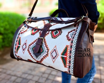 Handmade Leather Duffle Bag: Berber Fabric Weekender Travel Bag