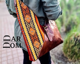 Leather Bags for Women, tote Carpet bag , Leather kilimBag