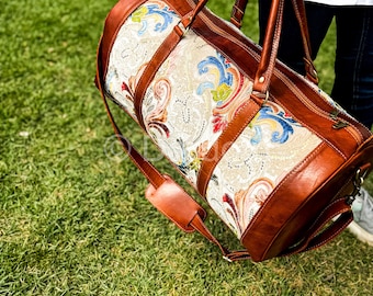 Handmade Moroccan leather and embroidered duffel bag – boho chic travel weekender bag