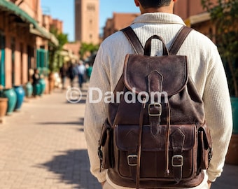 Personalized Leather Backpack, Handmade Moroccan Vintage Rucksack, Custom Name Travel Bag