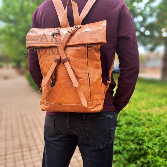 brown leather look backpack Moroccan Leather Backpack Vintage Look Leather Bag