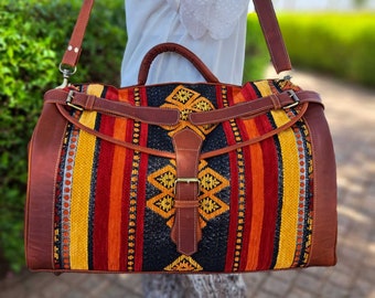 Leather Kilim Weekender Duffel Bag: Handmade Moroccan Travel Bag