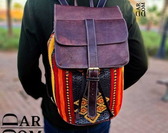 Leather Carpet BackPack, Kilim Leather Backpack :  Vintage Look