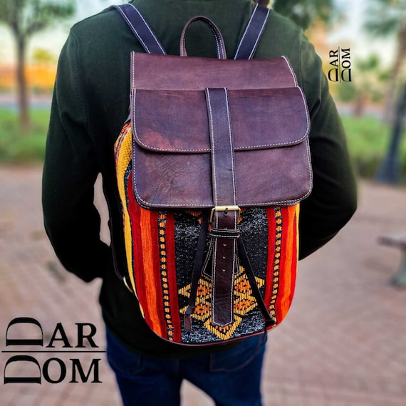 Kilim Leather Backpack: Handmade Moroccan Vintage Style - Etsy display picture 1