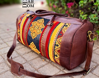 Handmade Leather Kilim Duffle Bag: Berber Fabric Weekender