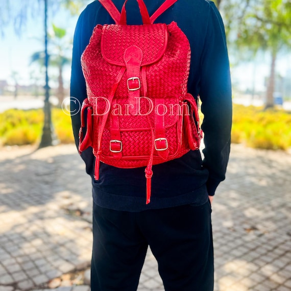 Handwoven Red Ethnic Leather-Trim Backpack Braided Red Leather Backpack: Handmade Travel Daypack - Etsy main image 4