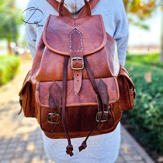 Handmade Moroccan Brown Leather Vintage-Style Backpack Handmade Brown Leather Backpack: Moroccan Vintage Travel  main image 2