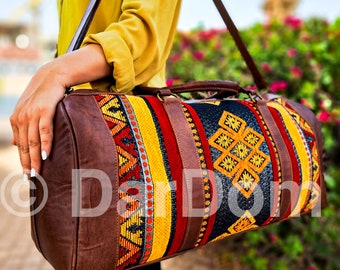 Leather Kilim Travel Bag, Carpet Bag with Shoes pocket, Weekender Bag, Weekend Bag, Boho Western Travel Bag, Carpet Overnight Bag,