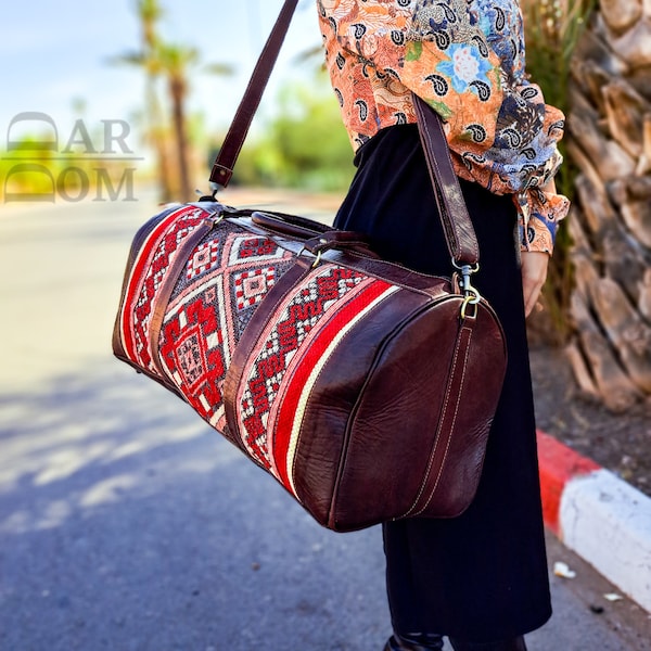Leather Kilim travel bag, Moroccan Leather travel bag, sport, weekender, duffle bag, with berber fabric.  For Women and Men :100% handmade