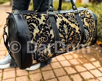 Black Victorian Elegance in Carpet and Leather Travel Bag for Women : Handmade