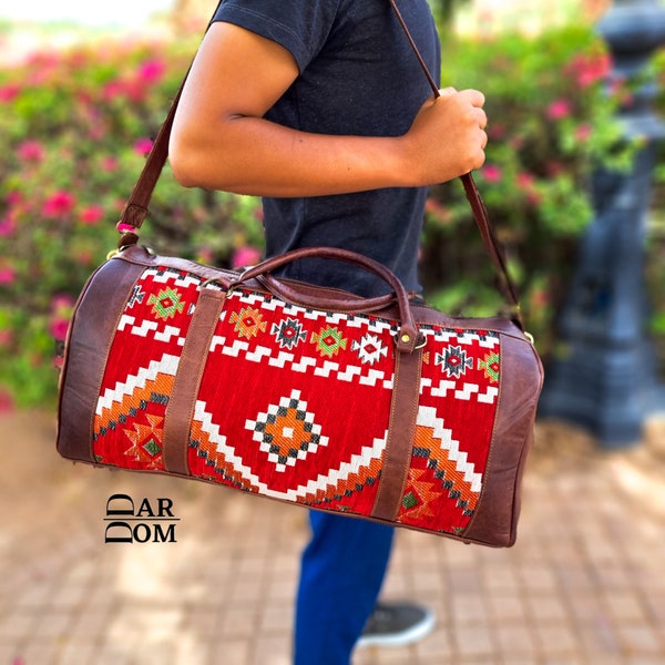 Moroccan Leather travel bag, sport, weekender, duffle bag, with berber fabric : Vintage look Leather  Bag