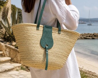 Handmade Moroccan Straw Basket Bag with Genuine Leather Handles.
