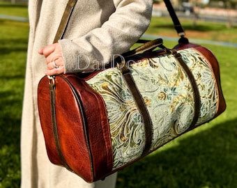 Handmade leather and embroidered Moroccan Fabric /duffel bag – boho chic travel weekender bag
