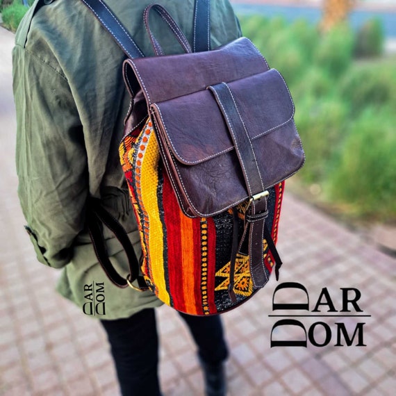 Kilim Leather Backpack: Handmade Moroccan Vintage Style - Etsy display picture 1