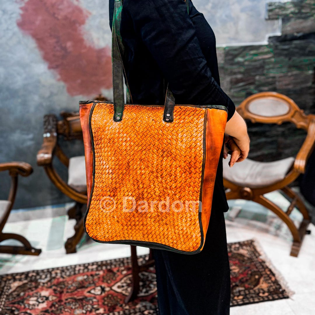 Handmade Moroccan Leather Tote Bag: Woven Boho Shoulder Bag - Etsy