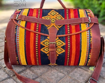 Boho Kilim Leather Duffel Bag: Handmade Moroccan Weekender Travel Bag