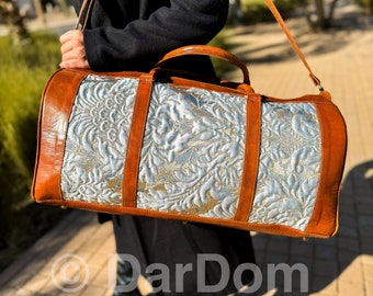 Victorian Leather Carpet Duffle Bag: Handmade Moroccan Travel Bag