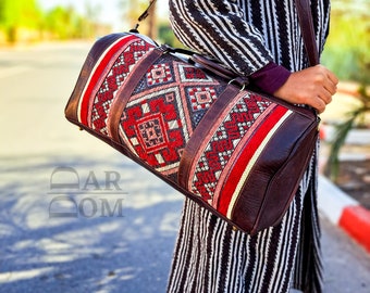 Handgemachte Kelim Reisetasche aus Leder: Marokkanischer Berber Weekender