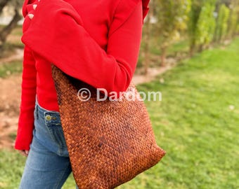 Woven Braided Leather Tote Bag: Vintage Style, Handmade
