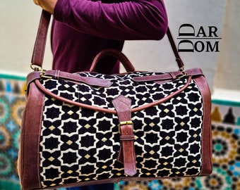 Handmade Leather Duffle Bag: Berber Fabric Travel Weekender