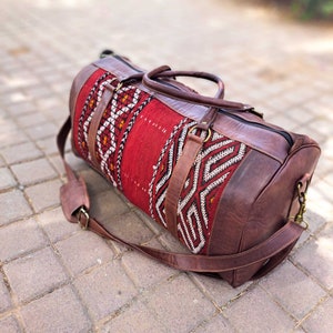 Moroccan Leather kilim travel bag, weekender, duffle bag, with berber carpet : Vintage kilim rug Leather  Bag