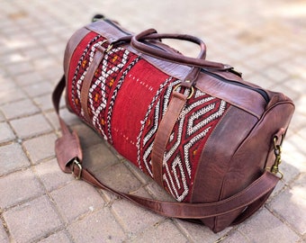 Moroccan Leather kilim travel bag, weekender, duffle bag, with berber carpet : Vintage kilim rug Leather  Bag