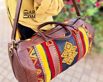 Handmade Leather Duffle Bag: Berber Fabric Weekender