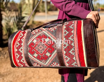 Handgemaakte Marokkaanse leren kelim plunjezak: Berber Travel Weekender