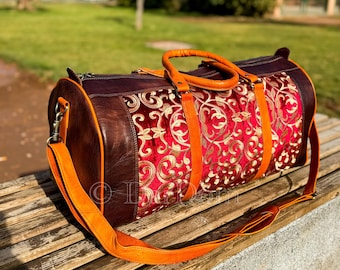 Bolso de viaje de piel y alfombra para mujer: hecho a mano