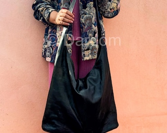 Extra Large Leather Tote Bag: Handmade Black Goat Leather Hobo